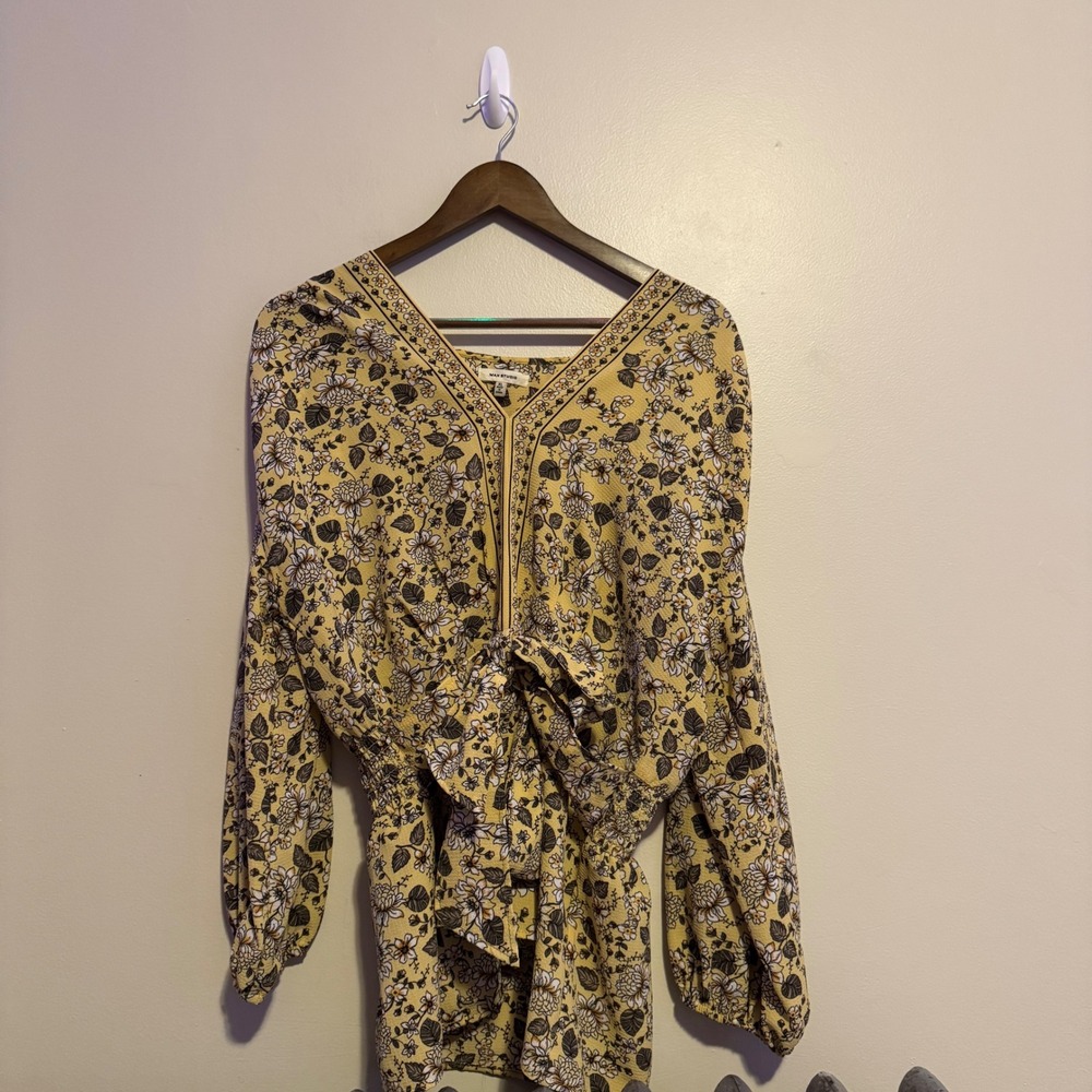 Women's Yellow Floral Print V Neck Tie Waist Blouse Top XL Boho Indie Feminine